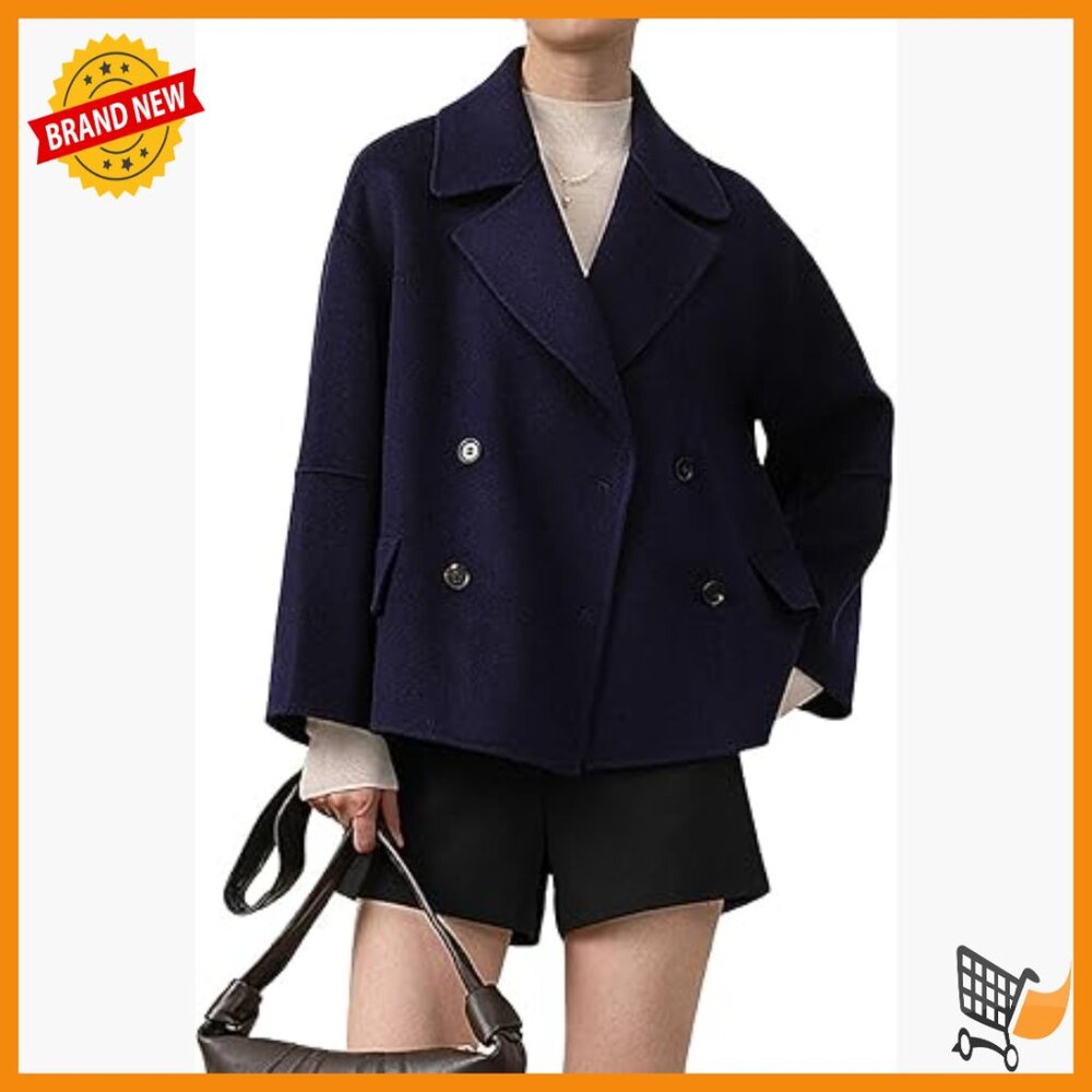 Cropped Wool Pea Coat Notched Lapel Double Breasted Trench Jacket Pockets
